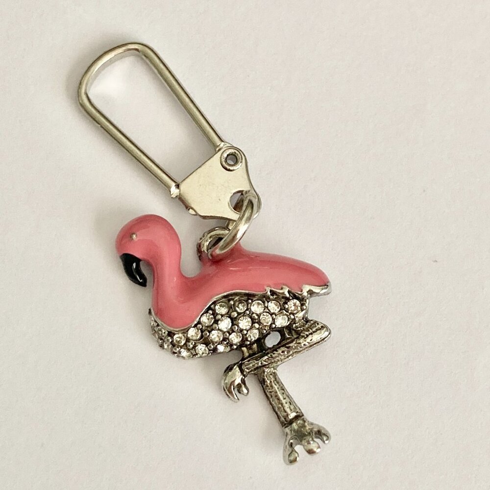 Pink Flamingo Bird Zipper Pull Clip On Purse Charm Backpack Silver Plated Island - Picture 7 of 9